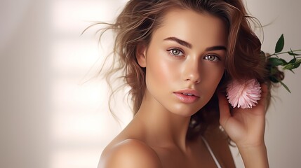 A portrait of a beautiful, sensual woman with bared shoulders and flowers looking at the camera with tenderness isolated over a light background is a concept for a spa, female health spa,