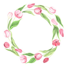 Watercolor hand painted pink tulip flowers frame