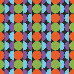 Colored circles and semicircles on a dark background. Geometric seamless pattern