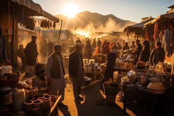 Afghanistan - The bustling atmosphere of Kabul's historic Chicken Street bazaar, where locals and tourists intermingle amidst vibrant stalls selling handicrafts and traditional wares - obrazy, fototapety, plakaty