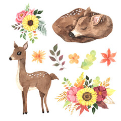 Watercolor woodland deer with fall floral, leaves and flowers. Forest wild animal illustration perfect for poster, paper print, card making
