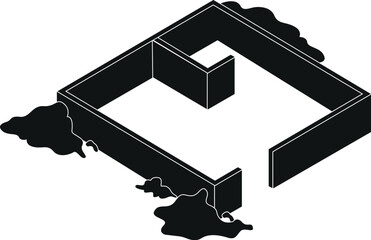 Cartoon Black and White Isolated Illustration Vector Of A Building Construction Worksite with Dirt And Foundations