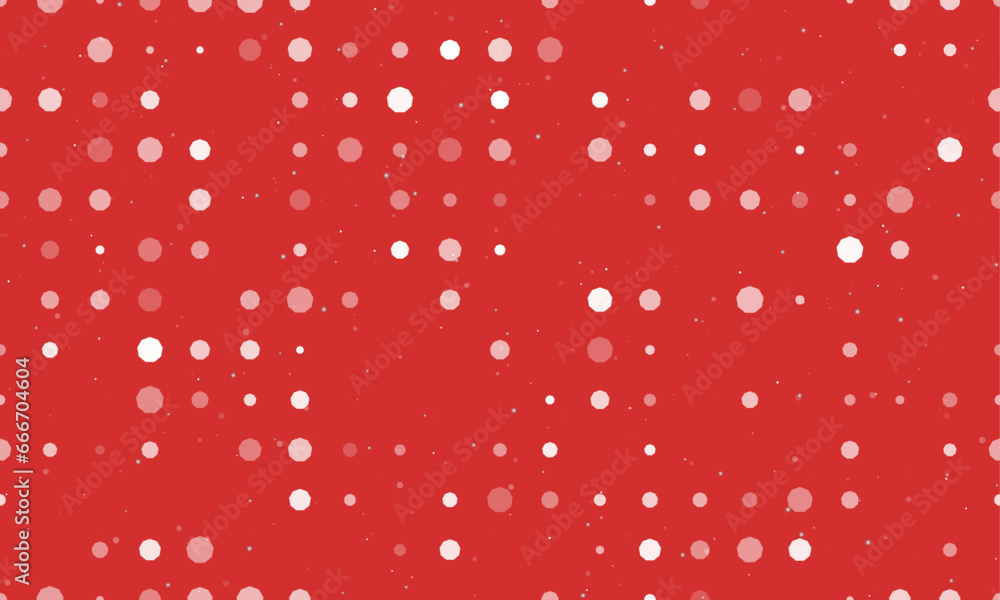 Poster Seamless background pattern of evenly spaced white nonagon symbols of different sizes and opacity. Vector illustration on red background with stars