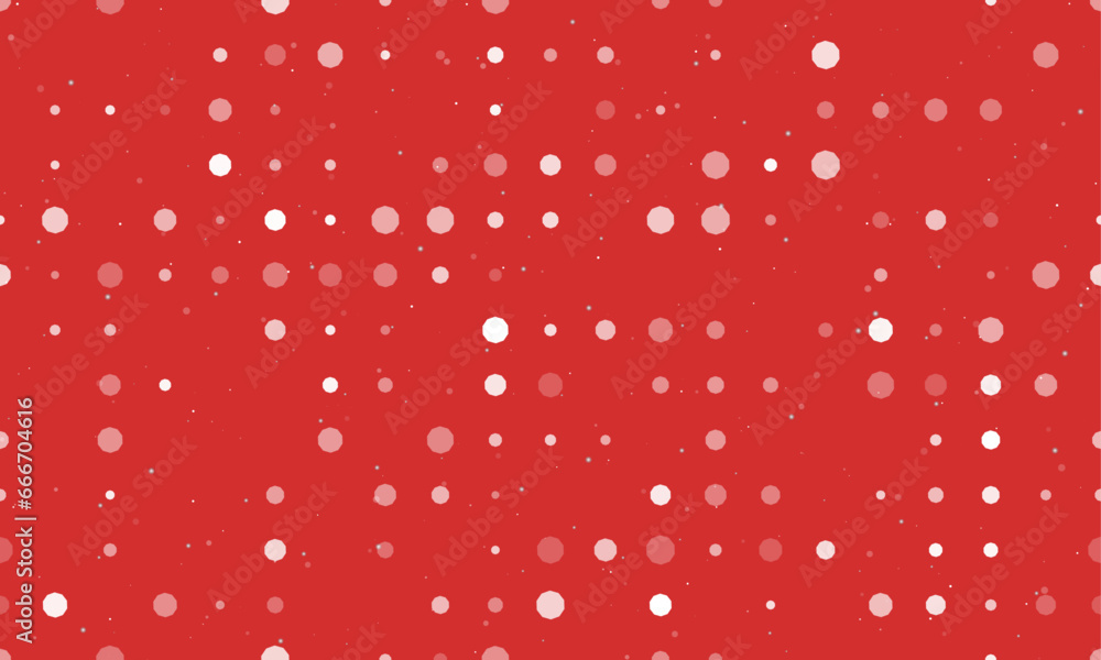 Poster seamless background pattern of evenly spaced white decagon symbols of different sizes and opacity. v