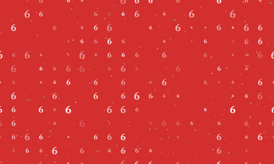 Seamless background pattern of evenly spaced white number six symbols of different sizes and opacity. Vector illustration on red background with stars