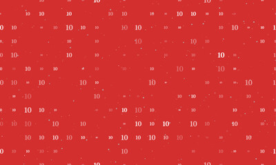 Seamless background pattern of evenly spaced white number ten symbols of different sizes and opacity. Vector illustration on red background with stars