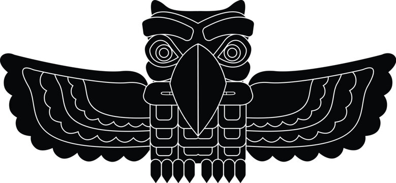 Cartoon Black and White Isolated Illustration Vector Of A Carved Eagle Wood Totem Pole