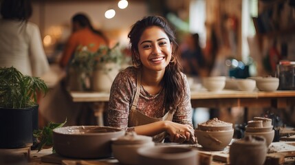 A portrait of an attractive young woman from Southeast Asia in a pottery studio.