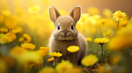 A cute little bunny playing delicately in a park of yellow flowers. Cute little bunny playing in a park in spring in a charmingly tender scene.