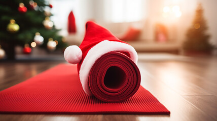 red yoga mat with christmas decorations. yoga concept.