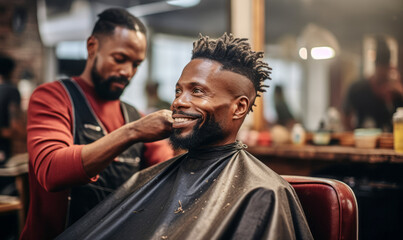 Barbershop Moments: Black Customer Receiving Haircuts - obrazy, fototapety, plakaty