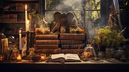 A rustic altar that is sepia-toned and features crystals, potions, herbs, and old books. The background is filled with magical objects from esoteric alchemy, pagan Wiccan, and witchcraft, - obrazy, fototapety, plakaty