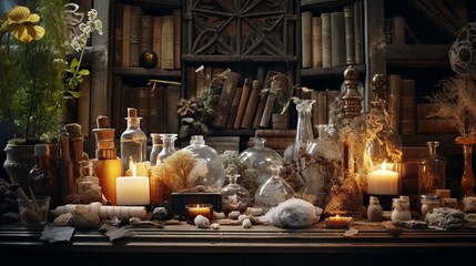 A rustic altar that is sepia-toned and features crystals, potions, herbs, and old books. The background is filled with magical objects from esoteric alchemy, pagan Wiccan, and witchcraft, - obrazy, fototapety, plakaty