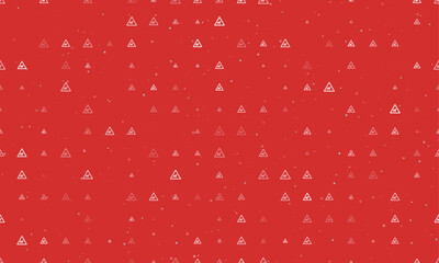 Seamless background pattern of evenly spaced white pets road signs of different sizes and opacity. Vector illustration on red background with stars