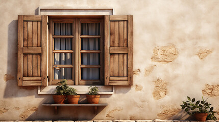 Old ancient wooden window with shutters on facade of old Italian house. Scenic original and colorful view of antique window with flower pots in old city. Atmosphere of tranquility. Copy space. - obrazy, fototapety, plakaty