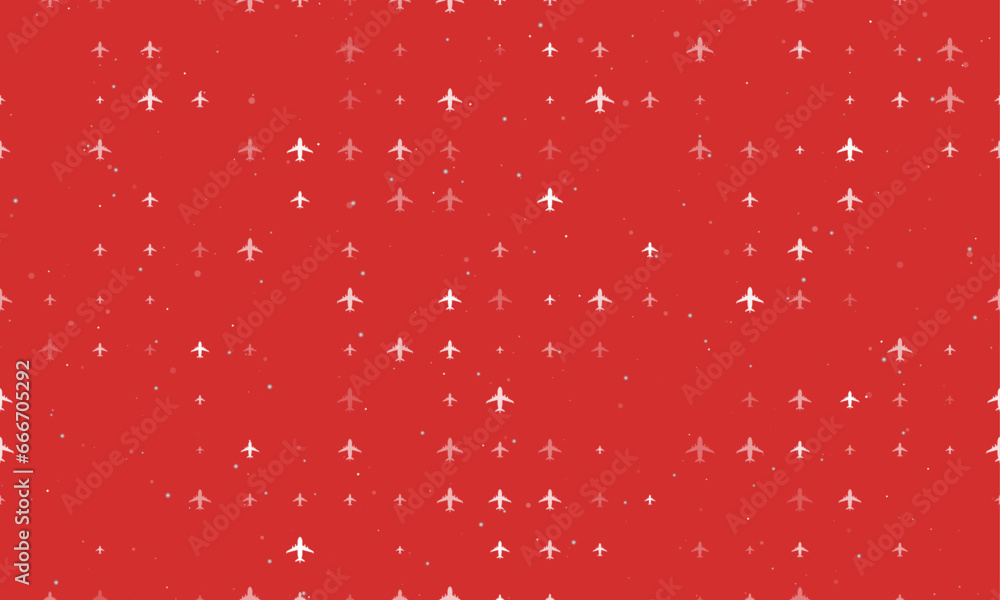 Poster seamless background pattern of evenly spaced white airplane symbols of different sizes and opacity. 