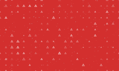 Seamless background pattern of evenly spaced white road narrowing signs of different sizes and opacity. Vector illustration on red background with stars