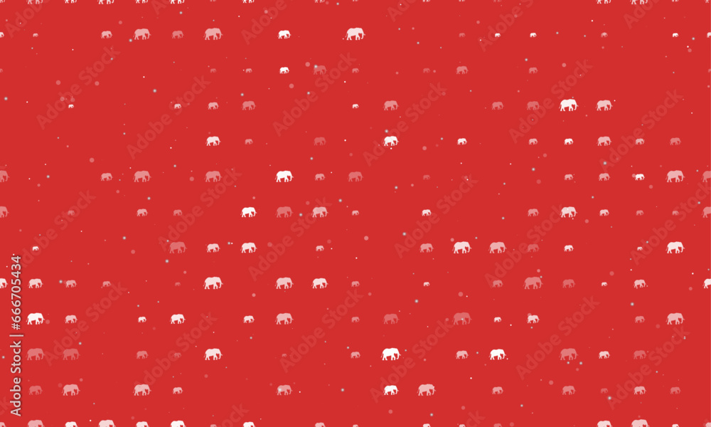 Poster seamless background pattern of evenly spaced white elephant symbols of different sizes and opacity. 