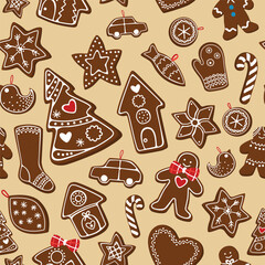 Christmas seamless pattern with Christmas gingerbread. Ball, socks, houses, gingerbread, stick, tree ad other. Christmas Gingerbread  Collection