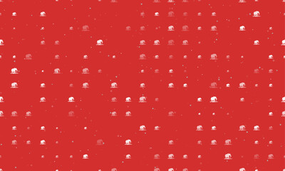 Seamless background pattern of evenly spaced white wild elephant symbols of different sizes and opacity. Vector illustration on red background with stars