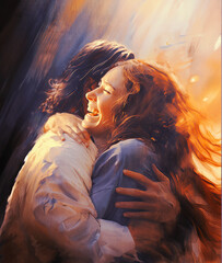 Woman hugging Jesus in heaven