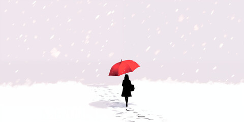 Girl on snow with umbrella, minimalist art, light red & black, winter solitude