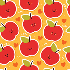 seamless pattern cartoon apple character with hearts in yellow background. cute fruit wallpaper for gift wrap paper