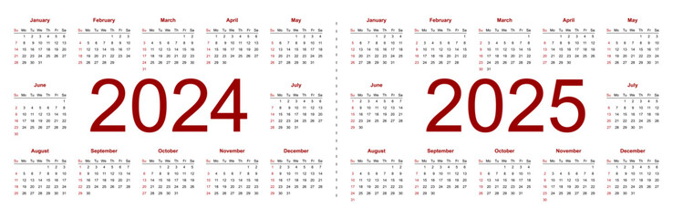 Calendar 2024, 2025. Week starts from Sunday, business template. Isolated vector illustration on white background.
