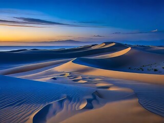 La playa de dunas al atardecer es un lugar de contrastes los azules fríos del océano contra los tonos cálidos de la arena - obrazy, fototapety, plakaty