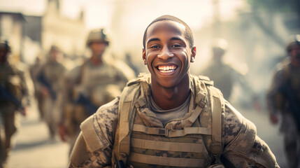 Fototapeta premium Happy young american soldier returning home from the army