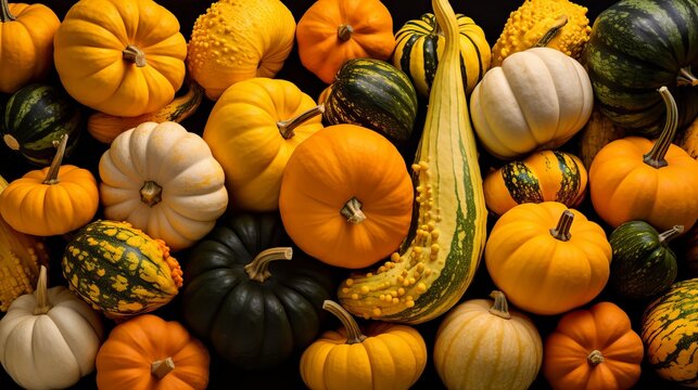 A vertical display of various pumpkins in a mood