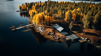 A view from above of a forest in autumn with yellow and orange leaves, a cottage, and a wooden pier on a lake in Finland