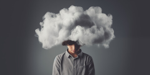 Boy with cloud over his head depicting depression, introspection, emotional suffering