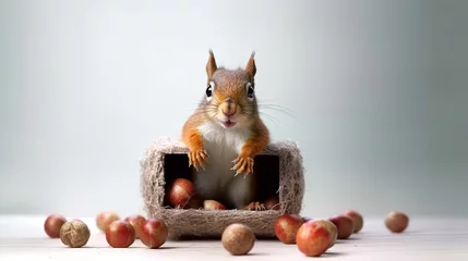Fotobehang Funny squirrel peeking out of cardboard box with scattered nuts © SERGEI