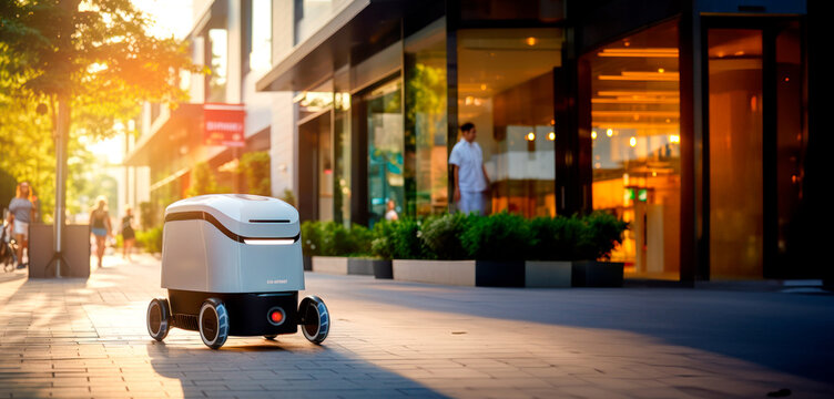 A modern automated food delivery robot drives along a city street. Autonomous innovation bot for parcel delivery shipping. Economical, Eco-friendly and Energy Efficient Futuristic Deliveries; delivery