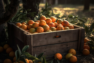 Oranges in box after harvesting orange on field, wooden box with oranges sweet fruits. Mandarin orange fruits harvesting. Sweet tangerine citrus production and Orange Harvest season. Citrus plantation