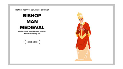 historic bishop man medieval vector. male priest, old character, person religion historic bishop man medieval web flat cartoon illustration - obrazy, fototapety, plakaty