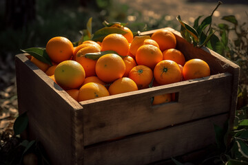 Oranges in box after harvesting orange on field, wooden box with oranges sweet fruits. Mandarin orange fruits harvesting. Sweet tangerine citrus production and Orange Harvest season. Citrus plantation