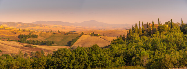 View of landscape in the Val d' Orcia near San Quirico d' Orcia, UNESCO World Heritage Site, Province of Siena, Tuscany