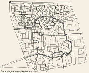 Detailed hand-drawn navigational urban street roads map of the Dutch city of CAMMINGHABUREN, NETHERLANDS with solid road lines and name tag on vintage background