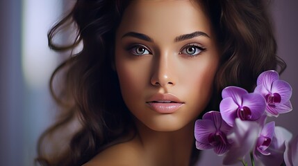A portrait of a young woman who is beautiful and has orchids. A brunette woman wearing luxurious makeup, perfect skin, eyelashes, cosmetic eyeshadow, and purple flowers.