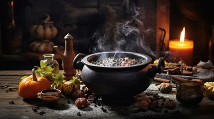 A witch's kitchen decorated for Halloween features a cauldron filled with poisoned soup and copy space.