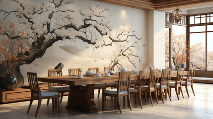 Großer Tisch mit japanischen Gemälde im Hintergrund