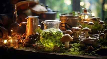 A witch's kitchen decorated for Halloween featuring an enchanted cauldron filled with green poison and smoke. Also displayed are a flying agaric toadstool, dried autumn leaves, mushrooms,