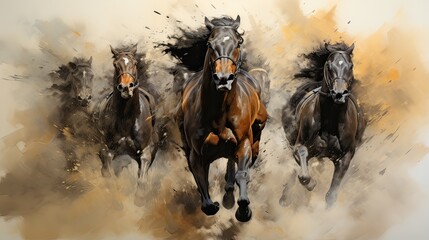Four dark brown Camargue Horses galloping in the desert. Spain - obrazy, fototapety, plakaty