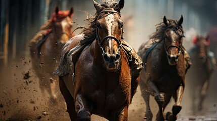 Four horses racing with each other on street - obrazy, fototapety, plakaty