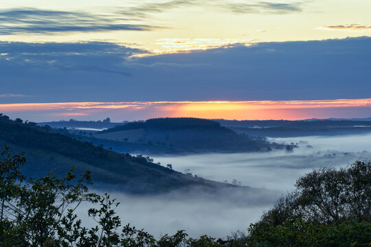 Early morning fog over valleys and mountains, Serra da Canastra, Minas Gerais state, Brazil