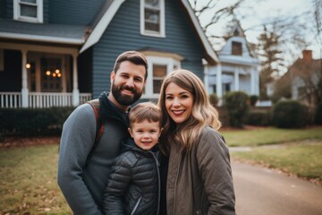 Portrait of a happy young family in front of a house