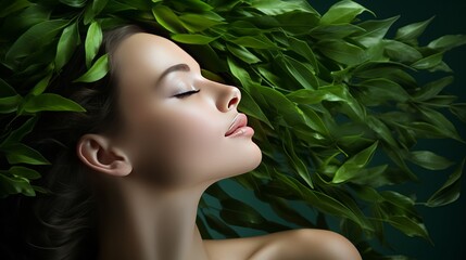 A woman in a skin care and beauty treatments concept with green leaves near her face and body.