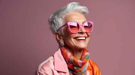 Happy elderly woman in colorful Casual outfit Wear sunglasses and an extravagant style. laugh and smile Trendy grandma poses in the studio. - obrazy, fototapety, plakaty